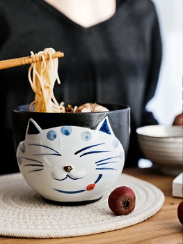

Creative Japanese unglazed ceramic cat cartoon household dining soup noodles couple salad miso ramen dinnerware with chopsticks
