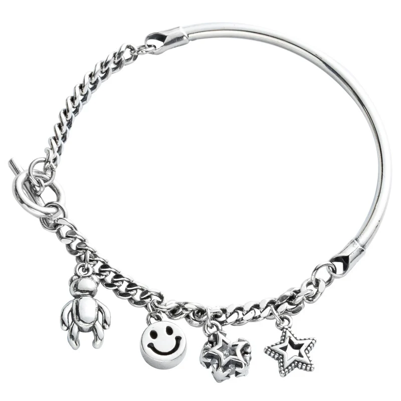 

New arrival cute retro 925sterling silver bear happy face crystal star charms tube chain OT button bracelet for women
