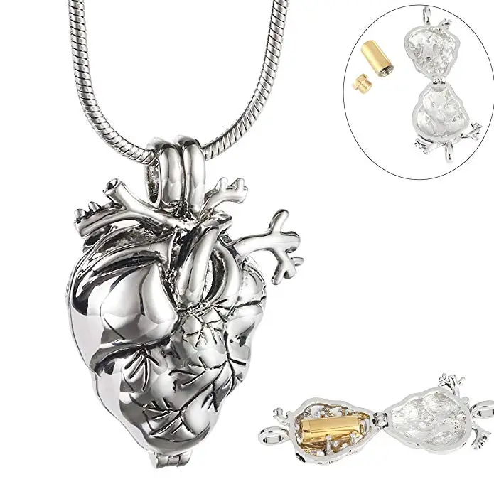 

JJ022 Personalized Stainless Steel Anatomical Heart Cremation Locket Necklace Hold Gold Tube Memorial Urn Jewelry For Ashes