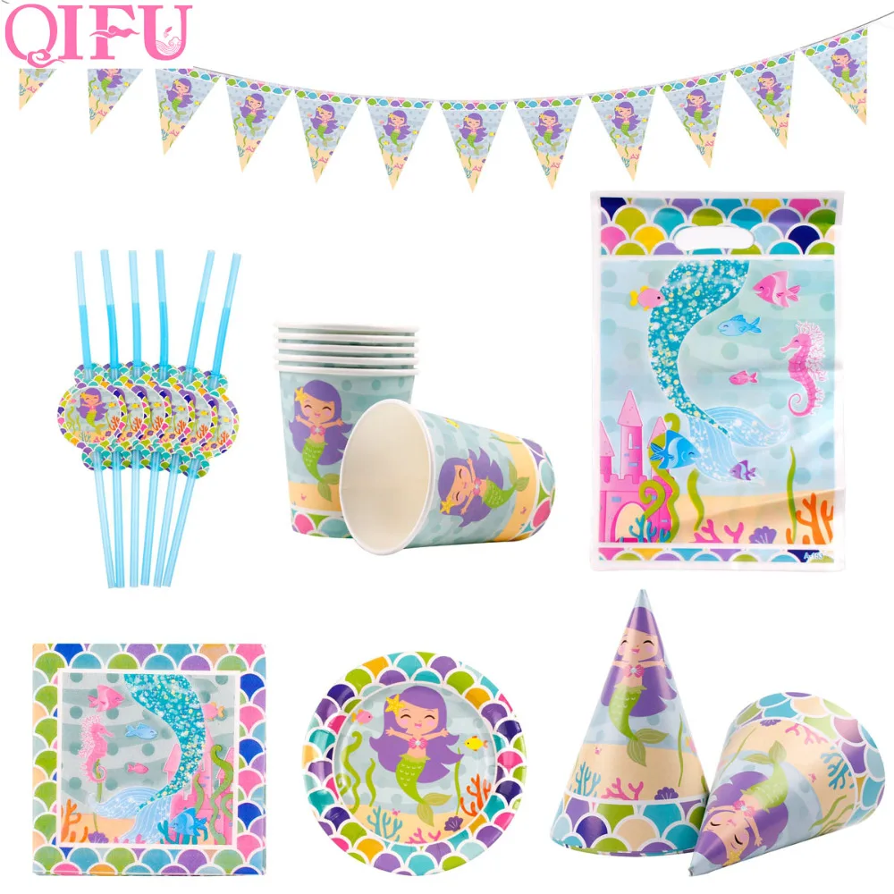 QIFU Mermaids Party Decor Drinking Straw Paper Napkins Disposable Paper Cups Flag Banner Paper Plates Wedding Birthday Supplies