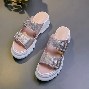 

GPOKHDS 2019 women slippers sheepskin pink color buckle strap summer open toe platform sandals size 34-42