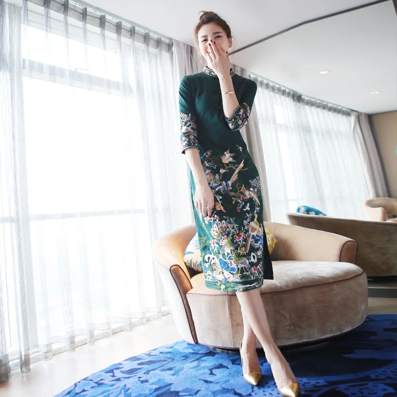Традиционное шелковое платье с вышивкой в стиле ретро Ципао из атласа|cheongsam qipao|silk