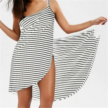 

Women Stripe Bikini Swimsuit Cover Up Wrap Dress