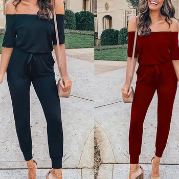 

Sexy Slash Neck Off Shoulder Jumpsuits For Women 2019 Summer Short Sleeve Casual Office Ladies Overall For Women Solid Palysuit