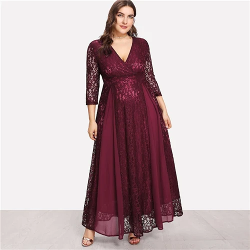 COLROVIE размера плюс бордовое элегантное ТРАПЕЦИЕВИДНОЕ ПЛАТЬЕ С v-образным вырезом прозрачная накладка кружевное платье для женщин весенние вечерние платья макси с высокой талией - Цвет: Бургундия