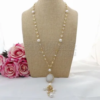 

N083001 28" White Keshi Pearl Chain Necklace Druzy Pendant