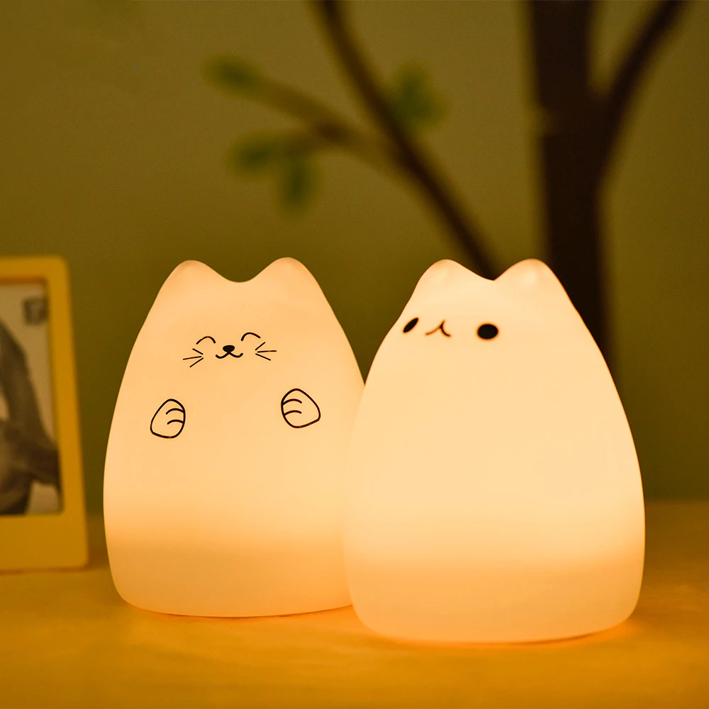 SuperNight Cute Cartoon Cat LED Night Light 7 Colors Silicone Rechargeable TapRemote Control Children Baby Bedside Table Lamp (7)
