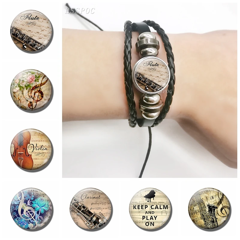 

Flute and Music Instrument Glass Cabochon Snap Button Bracelet Men Women Black Multilayer Leather Bracelet Handmade Jewelry Gift
