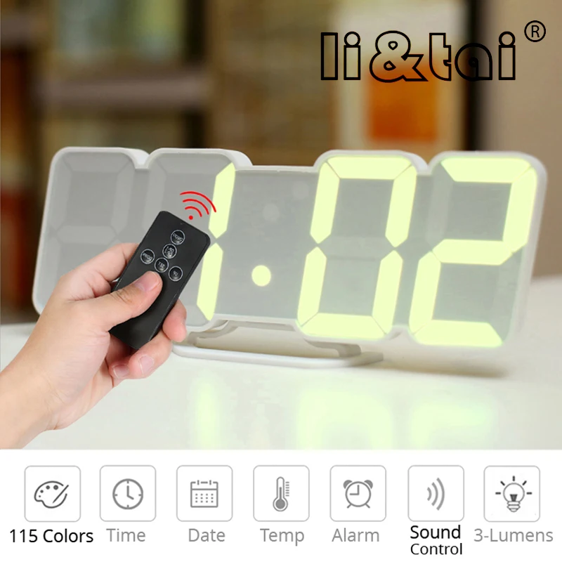 

Remote Control Digital Wall Clock 115 Colors LED Table Clock Sound Control Desk Alarm Clock Show Time Temperature Date Humidity
