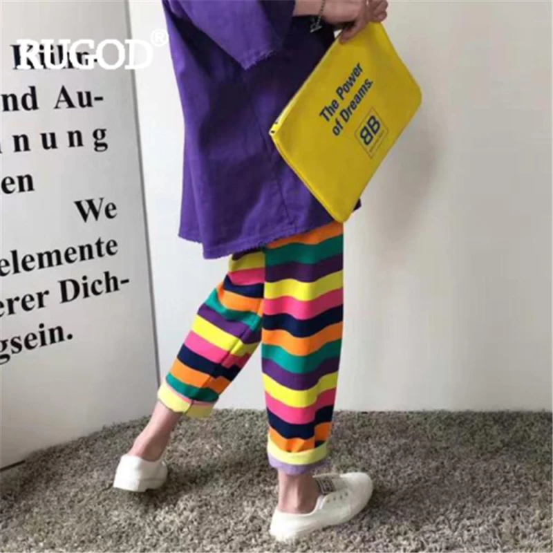 RUGOD женские брюки радужные повседневные 2019 новые pantalones mujer полосатый шнурок яркие