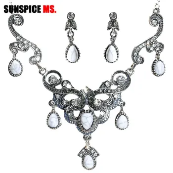 

SUNSPICE MS Retro Silver Color Earring Necklace Sets For Women Ethnic Wedding Jewelry Morocco Bridal Traditional Bijoux