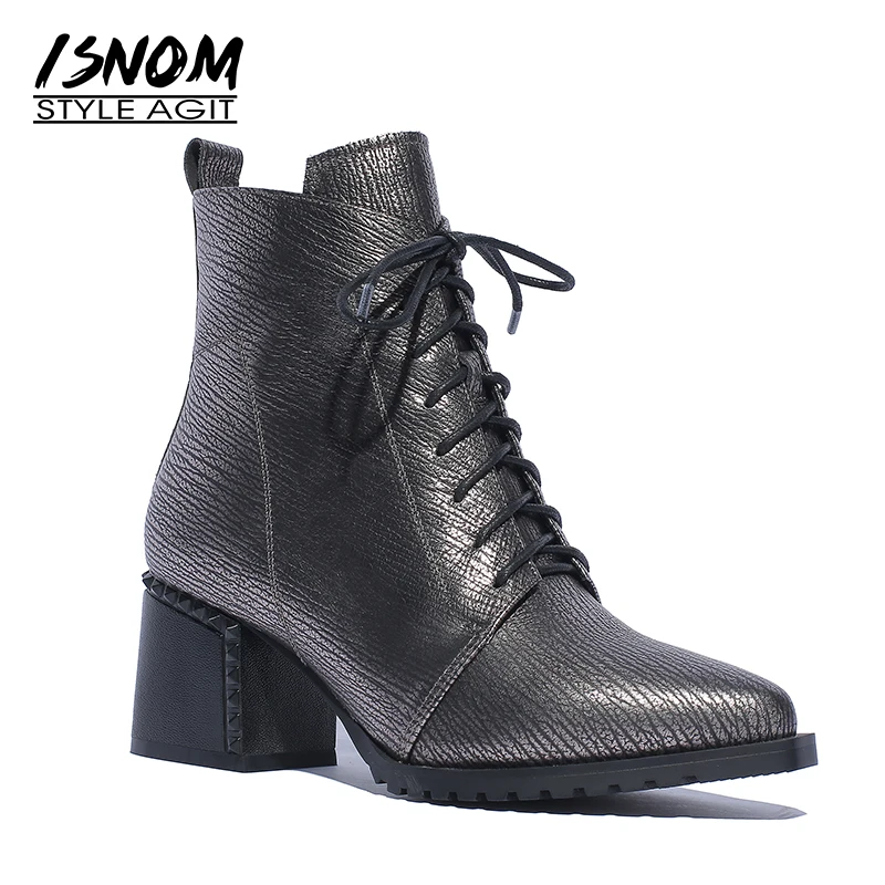 

ISNOM Genuine Leather Printing Women Ankle Boots Zip Rivet Boot Pointed Toe High Heels Ladies Shoes 2018 Autumn Rubber Footwear