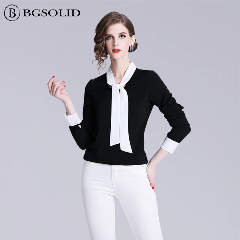 2019 spring new women's dress bow black and white top blouse