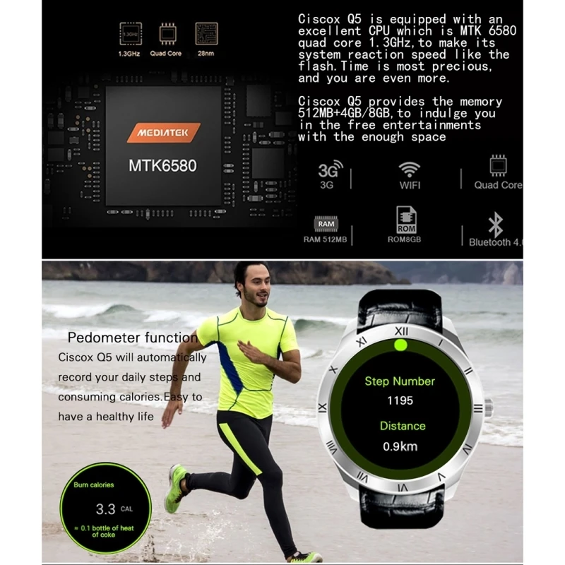  Q5 3G Smartwatch Telefon Android 5.1 MTK6580 Quad Core 13 GHz 512 MB RAM 8 GB ROM 139 OLED Screen W
