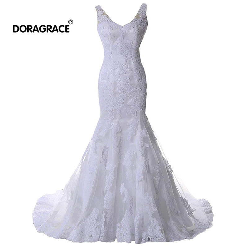 

Doragrace Real Photo vestidos de noiva V Neck Backless Mermaid Lace Wedding Dresses Bridal Gowns