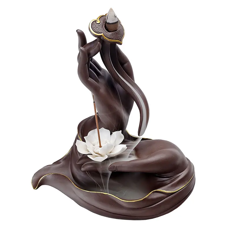 Buddha Hand Statue Backflow Incense Burner Ceramic Burner Backflow Incense Holder Lotus Flower Creative With 10pcs Incense Cones