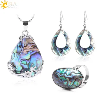 

CSJA New Zealand Natural Abalone Shell Jewelry Set Shells Earrings Water Drop Pendant Oval Finger Ring Women Reiki Necklace F614