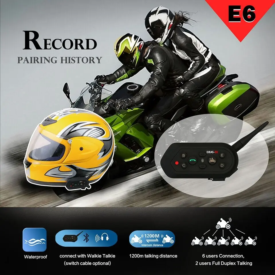 

EJEAS E6 1200m 6 People VOX Bluetooth Motorcycle Intercom Headset for Half Full Face KTM Helmets Support Music MP3 GPS