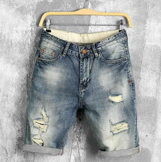 Summer New Men Leather stitching Ripped Straight Jeans Short Fashion Casual Holes Bermuda Retro Cargo Denim jogger shorts 38 40 - Цвет: 227 blue