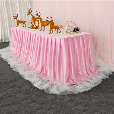 Organza tulle tutu chiffon baby shower birthday restaurant table skirt ice silk table skirting for wedding party banquet decor - Color: Pink