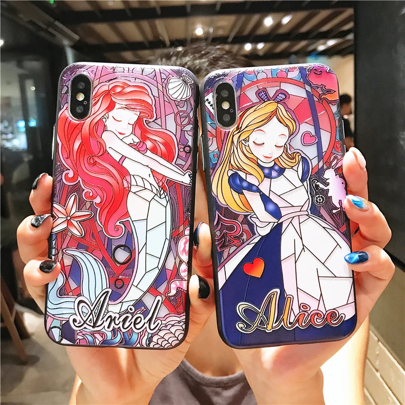 Cute Cartoon Alice 3D Relief case for iphone X XR XS XS Max Mermaid Silicones + hard Plastic
