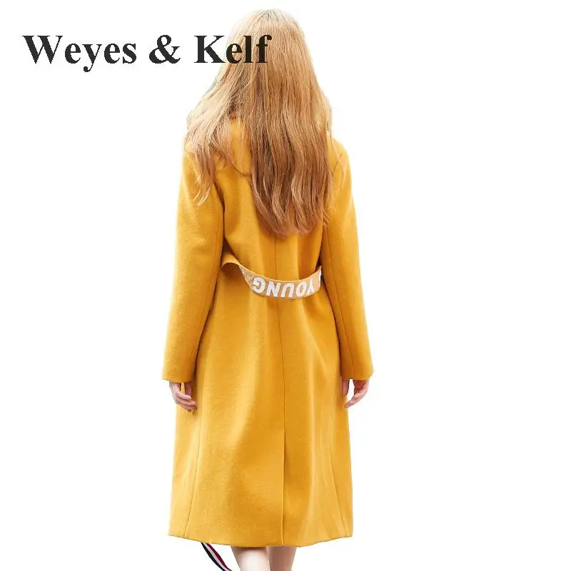 Женское двубортное пальто Weyes & Kelf желтое/темно зеленое шерстяное с длинным