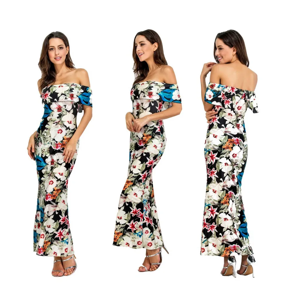 Runway Maxi Party Dress 2017 Women Party Wear Floor Length Slash Neck Strapless Floral Appliques Vintage Long Dress  (7)