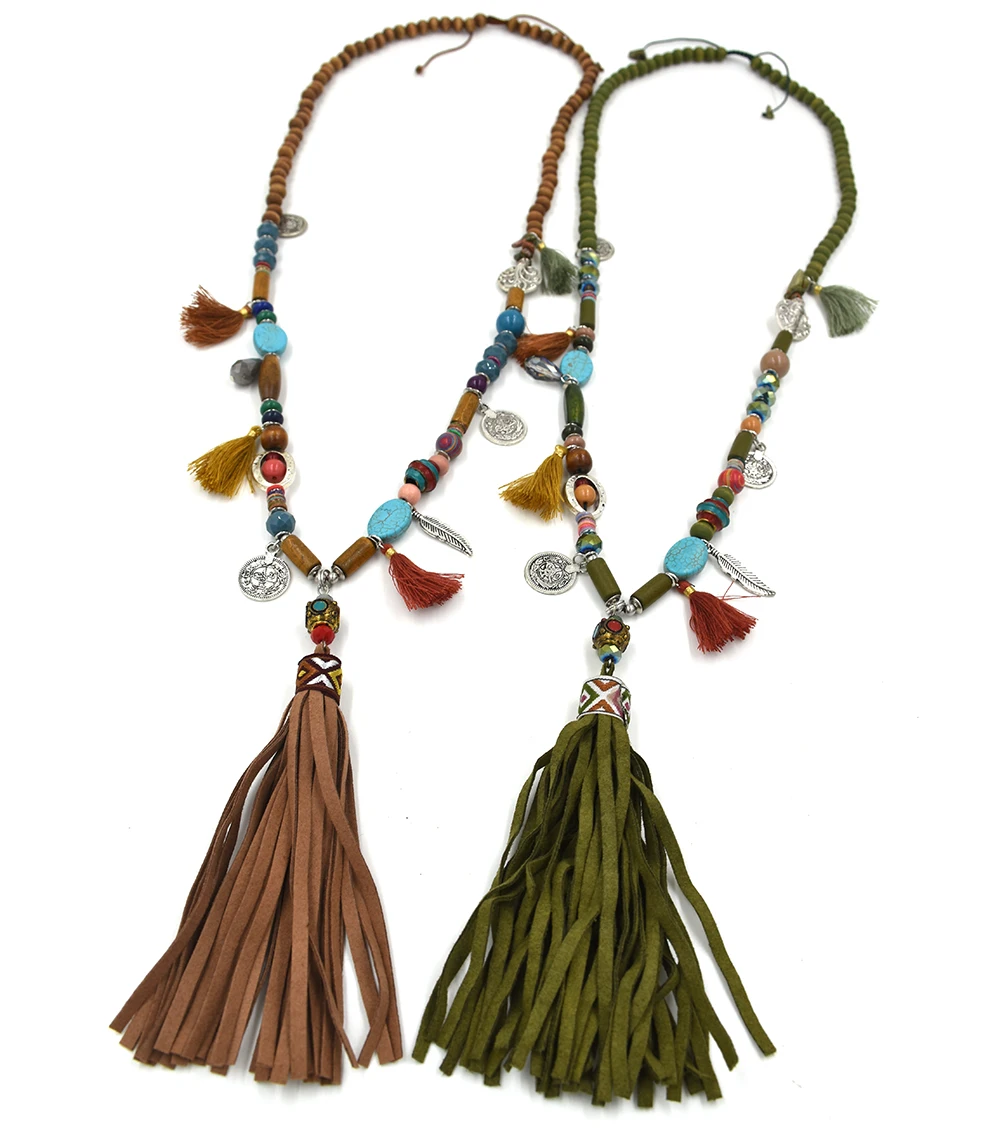 2017 New fashion design Luxury Bohemian Necklace colorful beads chain leather tassel pendant necklace