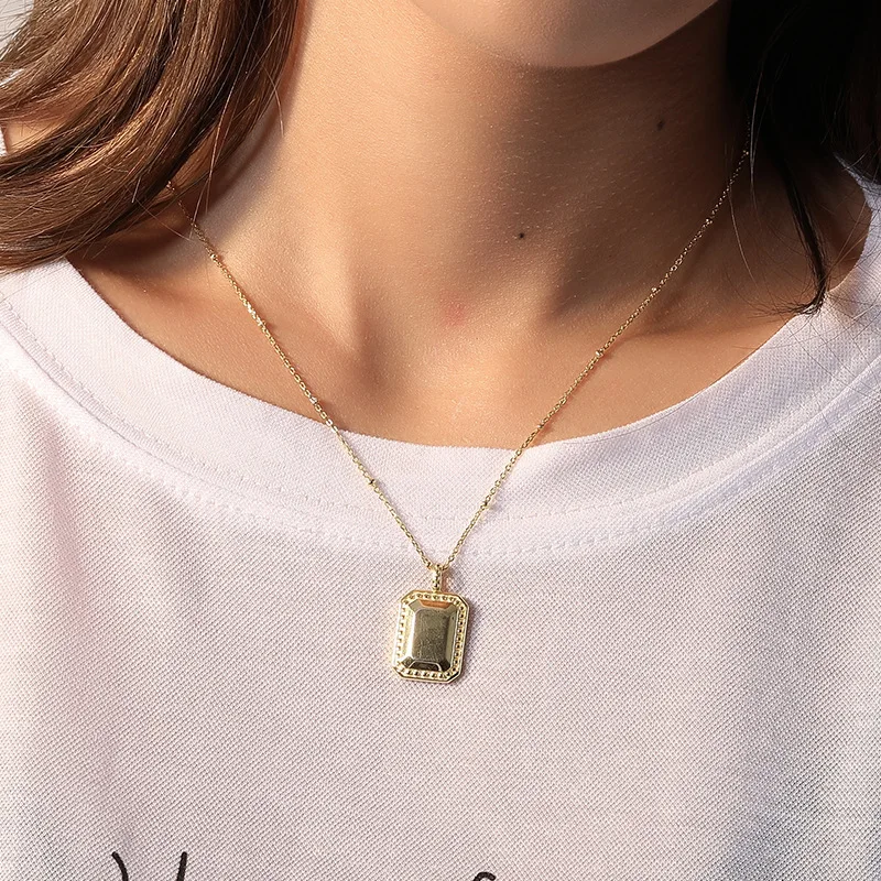 

925 Sterling Silver Glossy Square Pendant Necklace Gold Box Shaped Geometric Large Necklaces Charm Choker Necklace Women Jewelry