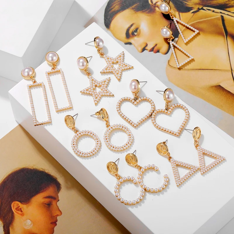 Fashion Statement Jewelry Simulated Pearl Long Earrings For Women Korean Round Heart Geometric Dangle Earring Wedding Jewelry