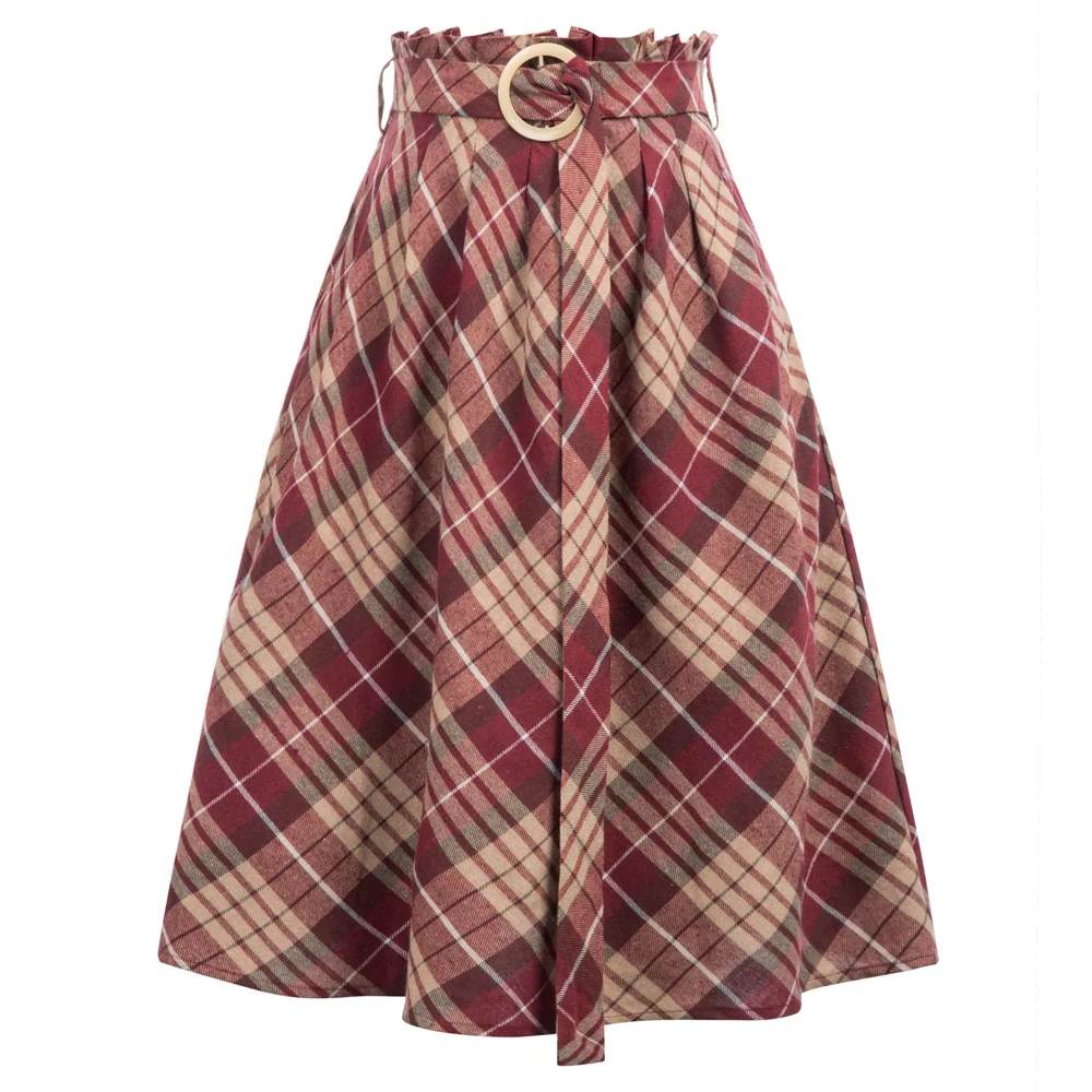 

GK Women skirt Vintage Retro Belt sashes Elastic Waist Flared A-Line Plaid grid Skirt elegant ladies swing pinup skirts falda