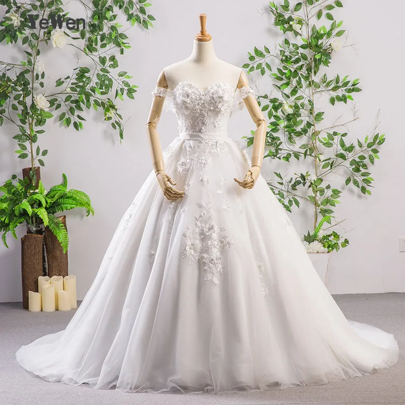2019 Long off the shoulder flower Bridal Gown Tulle Beach Wedding Robe de mariee Vestido Novia Elegant Ivory Dress | Свадьбы и