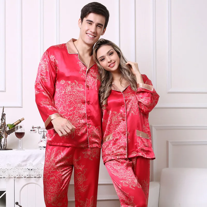 High Quality New Chinese Men's Satin Silk Pajamas Red Long Sleeve Pyjama Sets Lovers Casual Flower Sleepwear Wedding Gifts