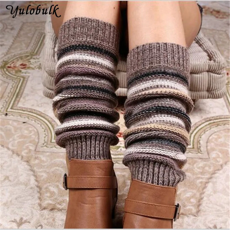 

Women's Thick Winter cashmere Knitted Leg Warmers Legging Boot Cover Fashion stipe Knit Crochet Gaiters Boot Cuffs