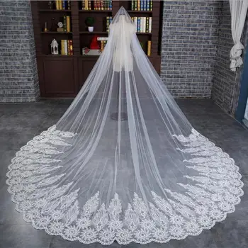 

High Quality 3 Meters Lace Edge Bridal Veils White One Layer Long Cathedral Wedding Veil Gelin Duvak Velos De Novia 05473