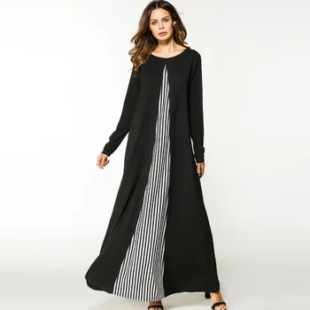

2019 Women Muslim Dress O Neck Long Sleeve Plus Size XXL Patchwork Striped Abaya Hijab Dress Black Robe Musulmane Abaya Dubai