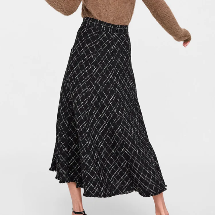 Un 2019 Vêtements Laine 1 Couleurs taille Bord 4 Nouveau Cardigan Plaid Avec Printemps Haute Jupe Et Mélange Une Black Tailles Femmes UrUOqP0w