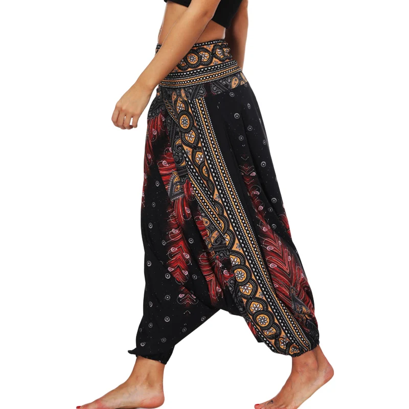 One Size Women Thai Indian Harem Trousers Comfy Boho Pants Long Beach Summer Pants Casual Loose Low Cut Floral Trousers