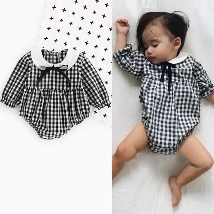 Girls casual rompers baby girl plaid black red dark blue romper kids