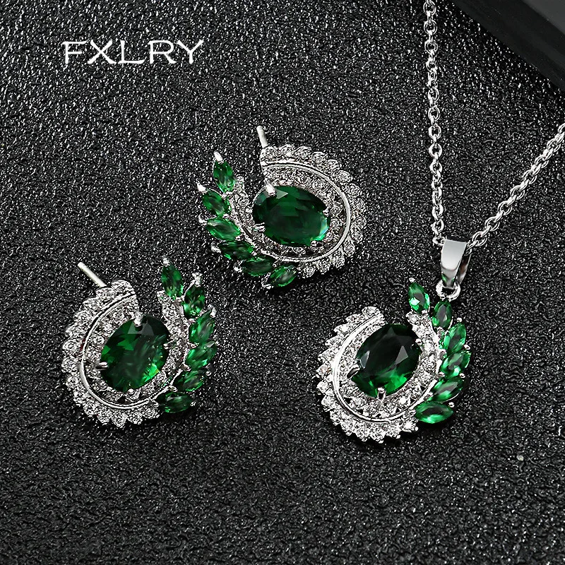 

FXLRY Elegant Classic Leaf Shape Green Cubic Zirconia Trendy Pendant Necklace and Earring For Women Jewelry Sets