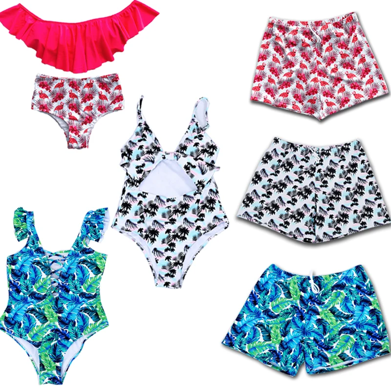 

Beautiful Swimwear 2019 Couple Swimsuits Women Men Matching Swim Trunk Ruffle Bikini High Waist Bathing Suit Summer Beach Bikini