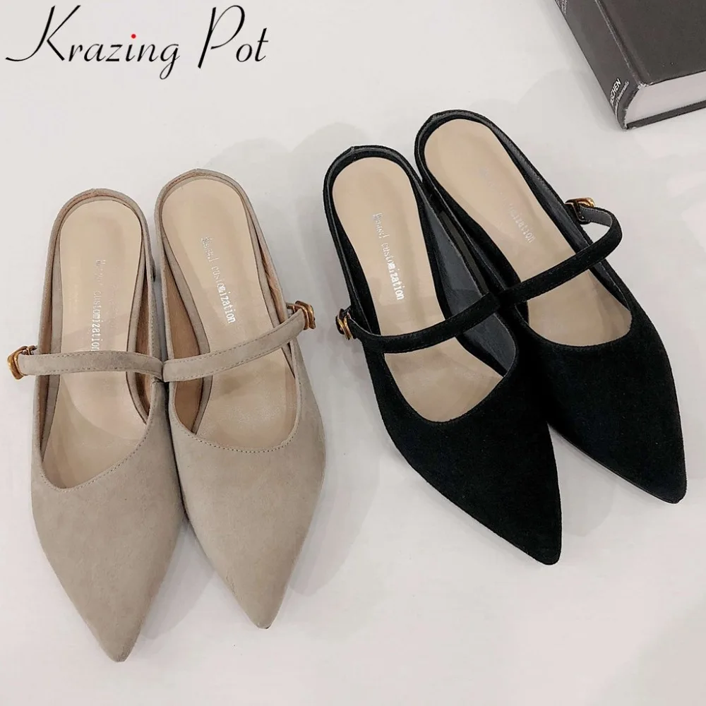 

Krazing Pot full grain leather slip on muels med heels strange style pointed toe gentlewomen buckle belt dress party sandals L50