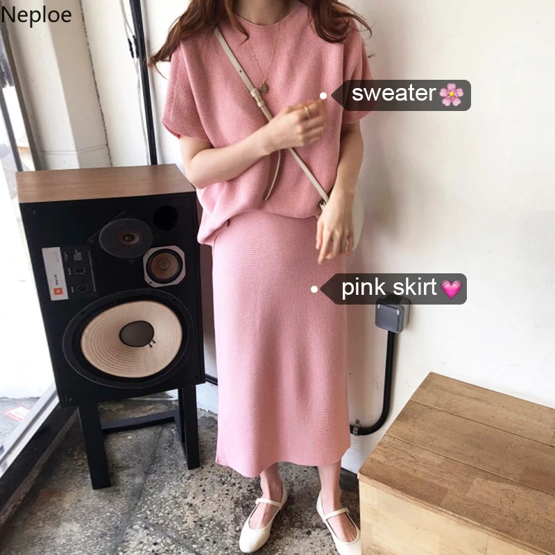 

Neploe Sweater Two Piece Sets Knitted Short Sleeve Tops Long Pencil Skirts Suits Spring Autumn Elegant Ladies Pink Outfits 38887