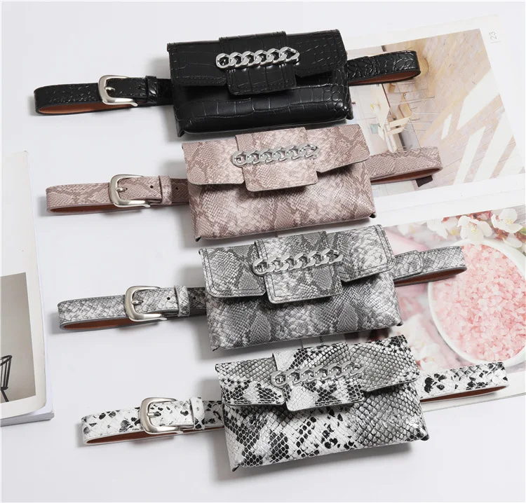 

Fashion Waist Bag Chain Serpentine Alligator Detachable Belt Bag PU Leather Women Fanny Pack Buckle Pocket Phone Money Holder