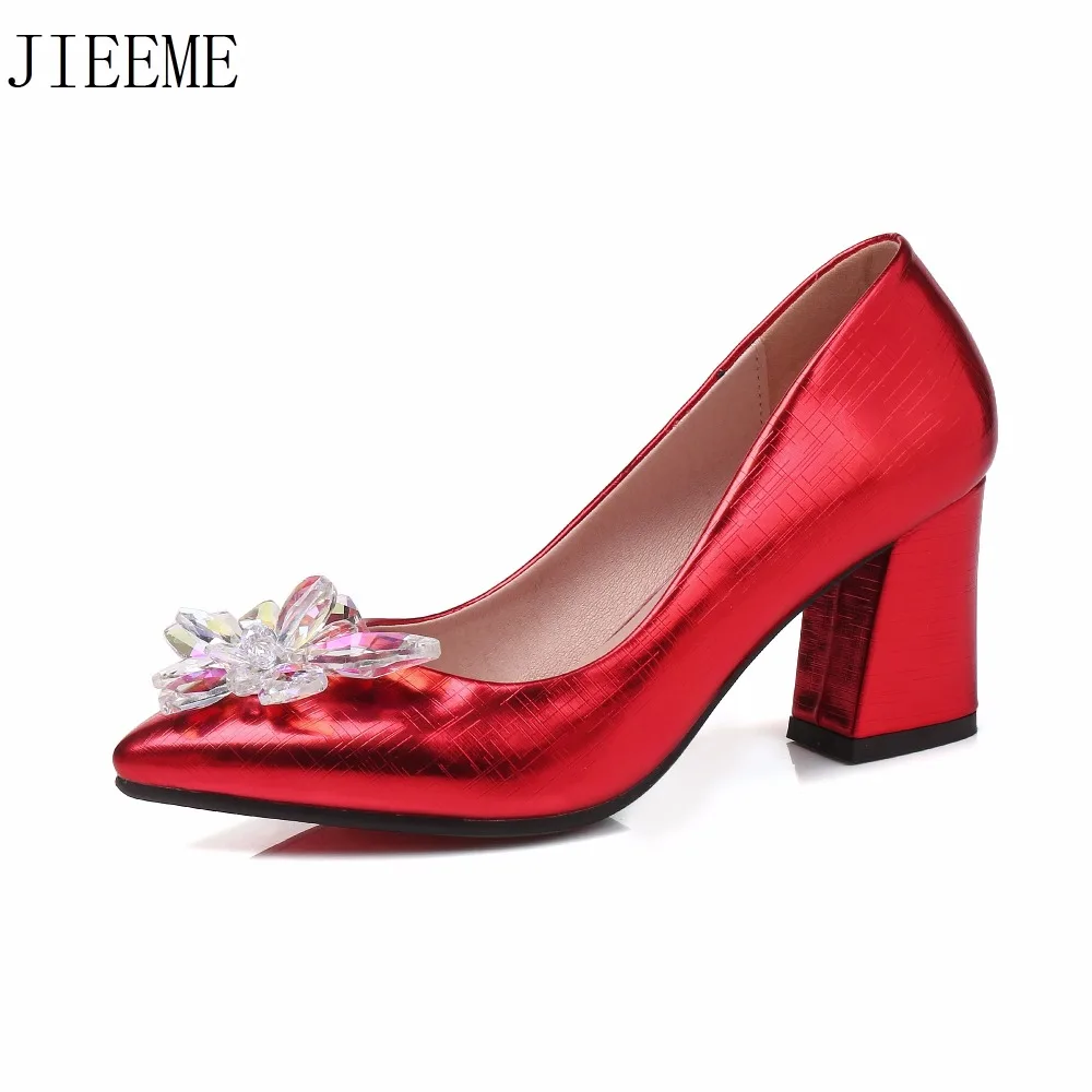 

2018 New Arrival High quality Microfiber Gold Red Pointed toe Crystals Women pump Square Heels Party Shoes woman
