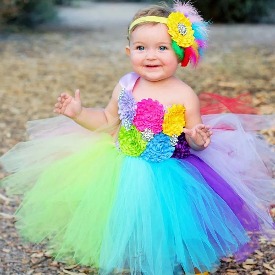 Полнорадужное платье-пачка детское платье из тюля с повязкой на голову платье для первого дня рождения реквизит для фотосессии для новорожденных юбка-пачка ярких цветов TS092