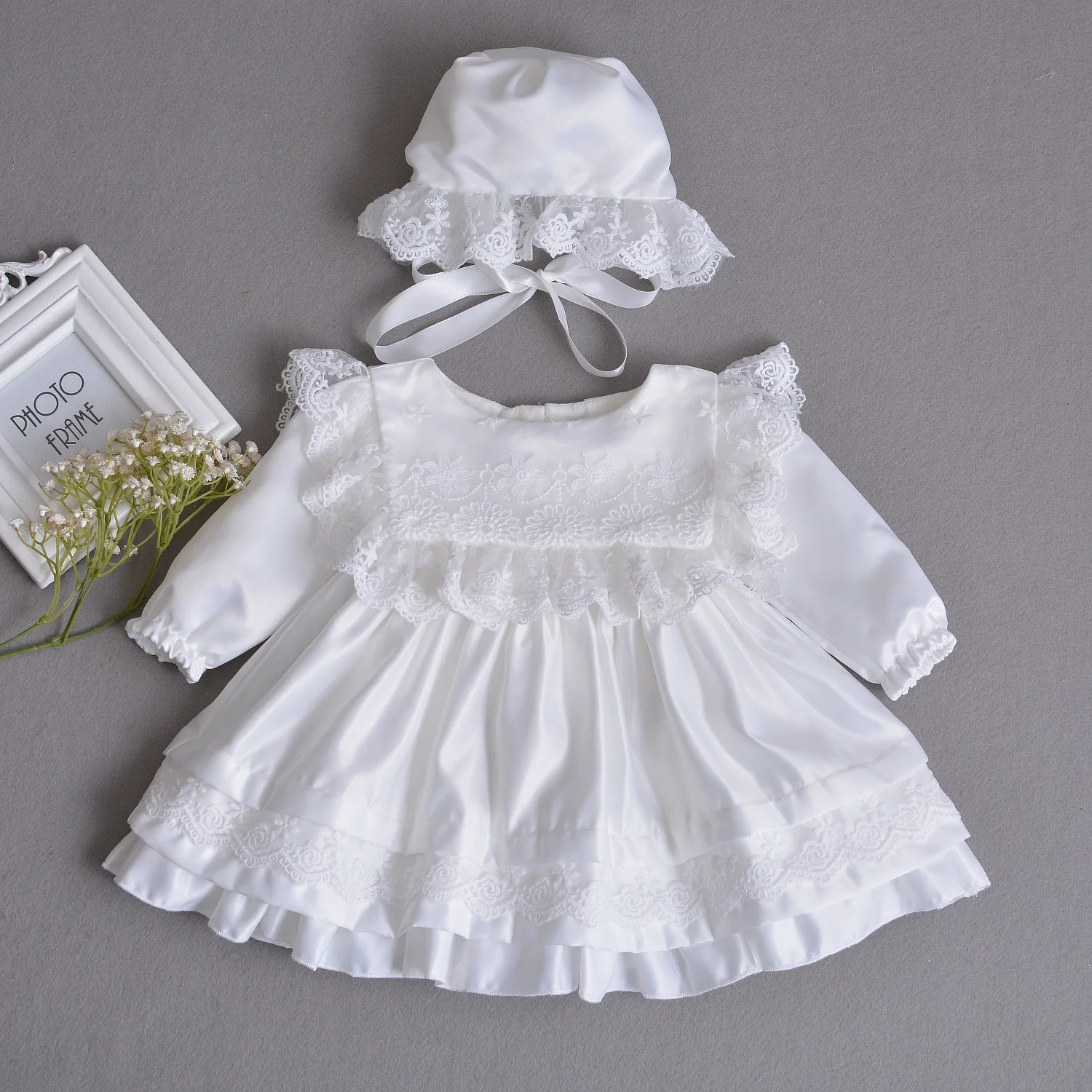 baby baptism infant girl princess dress + hat,girls white sweet lace