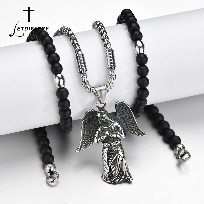 

Letdiffery Punk Style Pendant Necklace Link Chain With Black Lava Stone Retro Stainless Steel Religious Jewelry For Men