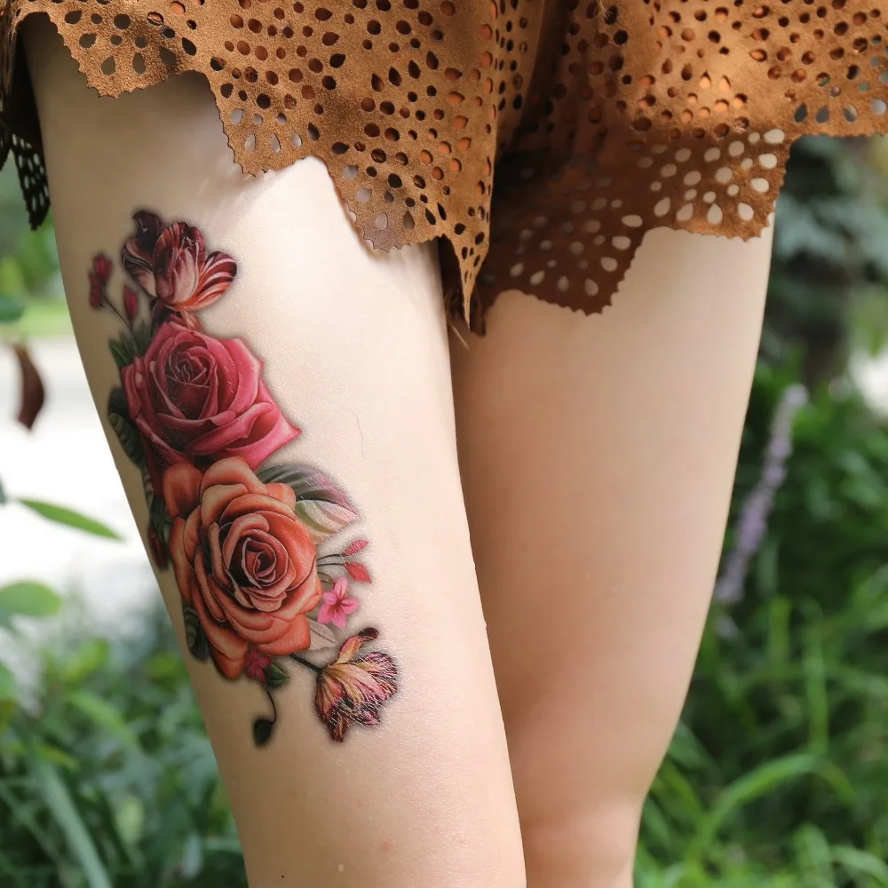 Горячие индийские арабские Поддельные Временные татуировки наклейки 3D розы цветы руки плечо татуировка на бедро водонепроницаемый для женщин большой на боди арт