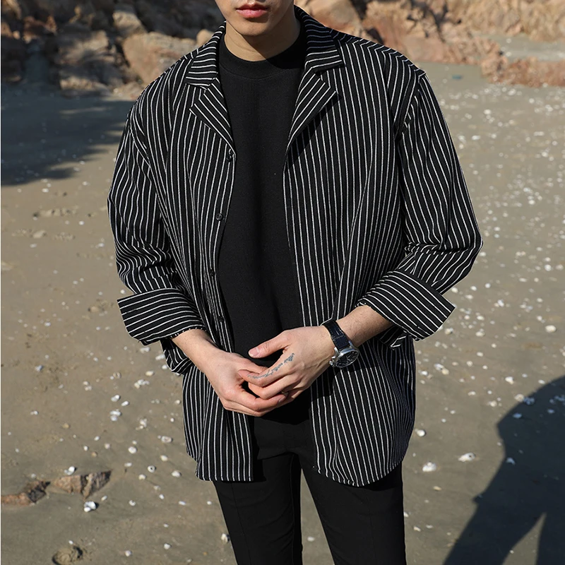 Long Sleeve Shirt Men Black White Vertical Striped Microfiber Smooth  Casual Shirt Men Loose 2018 Autumn Harajuku Male Clothes 